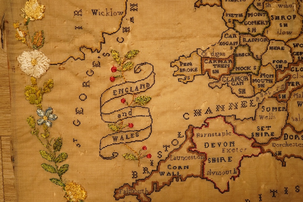 An 18th century embroidered map of England, unframed (distressed), 59cm high